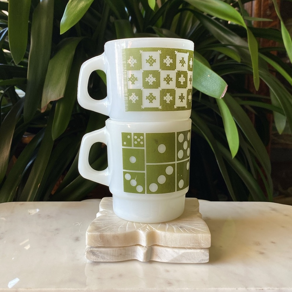 Pair of Fire King Anchor Hocking Green Milk Glass Mugs Set - Domino + Gingham